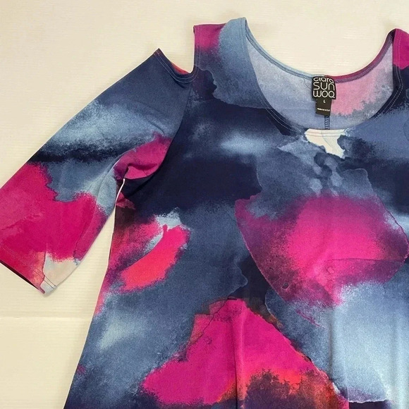 3 FOR $15 Clara Sun Woo Watercolor Pink and Blue Open Shoulder Swing Dress SZ L - Picture 7 of 8